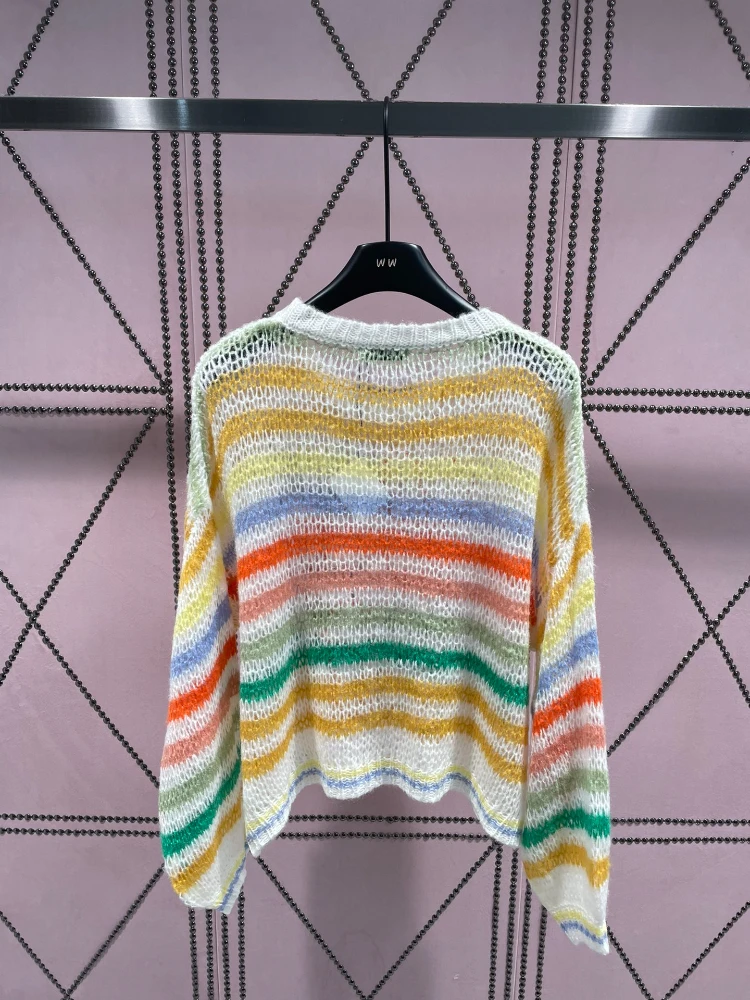 

2023 Autumn Sweet Cute Striped Print Knitted T-shirts Tees for Women Tops Sexy Streetwear Long Sleeve Tshirts Elegant Casual Top