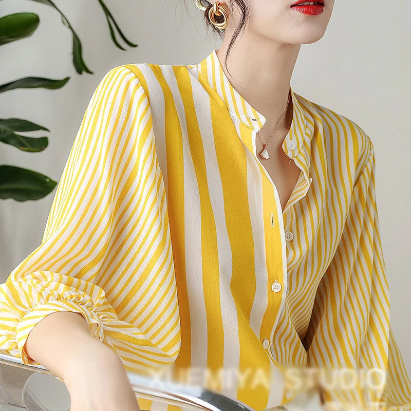 Three-Quarter Sleeve Summer Striped Shirt Women's 2022 New chiffon Shirt Women's Korean Style Loose Yellow tops mujer
