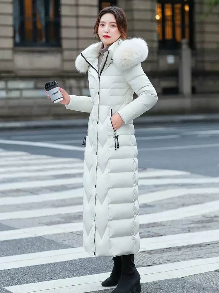 New Women Winter Down Coat Fashion Hooded Real Fox Fur Collar Lengthened Down Jacket Thicken Warm Slim White Duck Down Overcoat