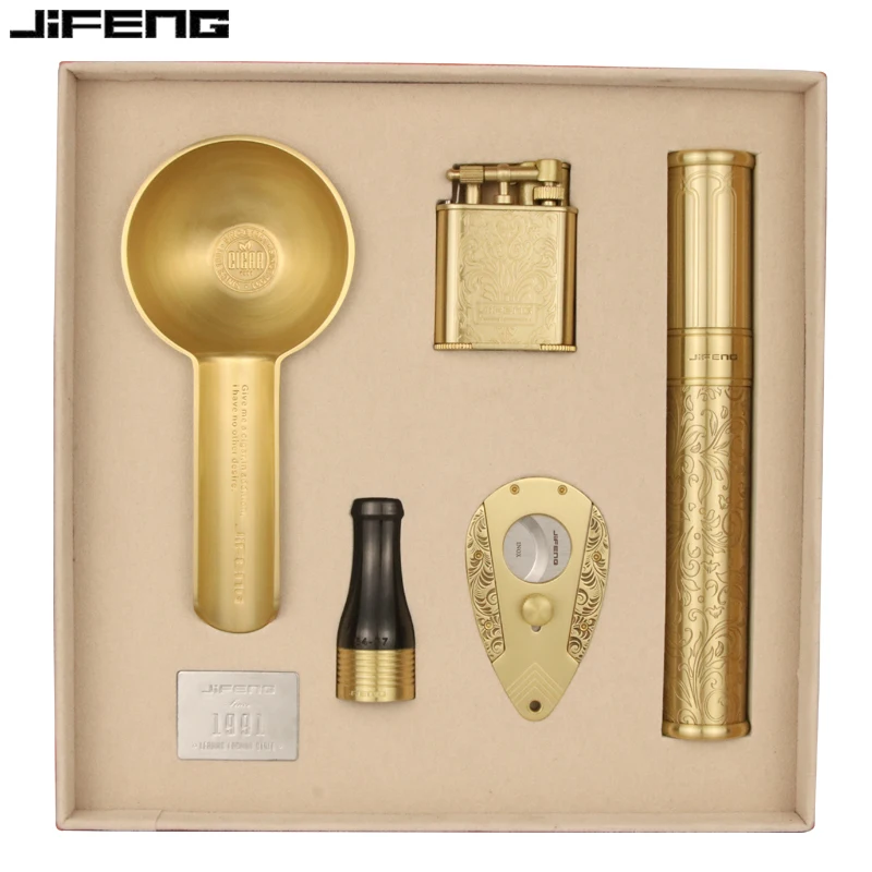 

JIFENG Cigar Cutter Set Pure Copper Carving Ashtray Personality Cigarette Pipe Portable Windproof Lighter Cigarette Holder