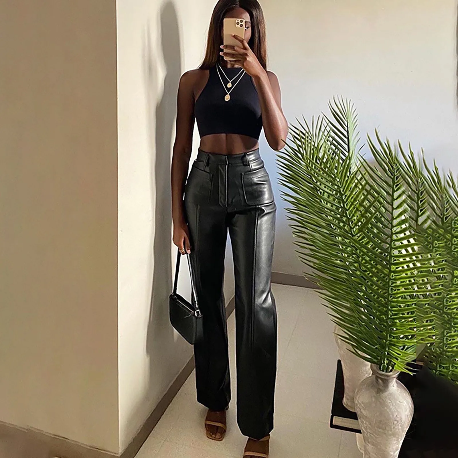 

Y2k Women'S Pant Solid Leather Trouser Sexy Straight Pants Y2k Elegant Party Leggings Ladies Tracksuit Bottms Black Streewear