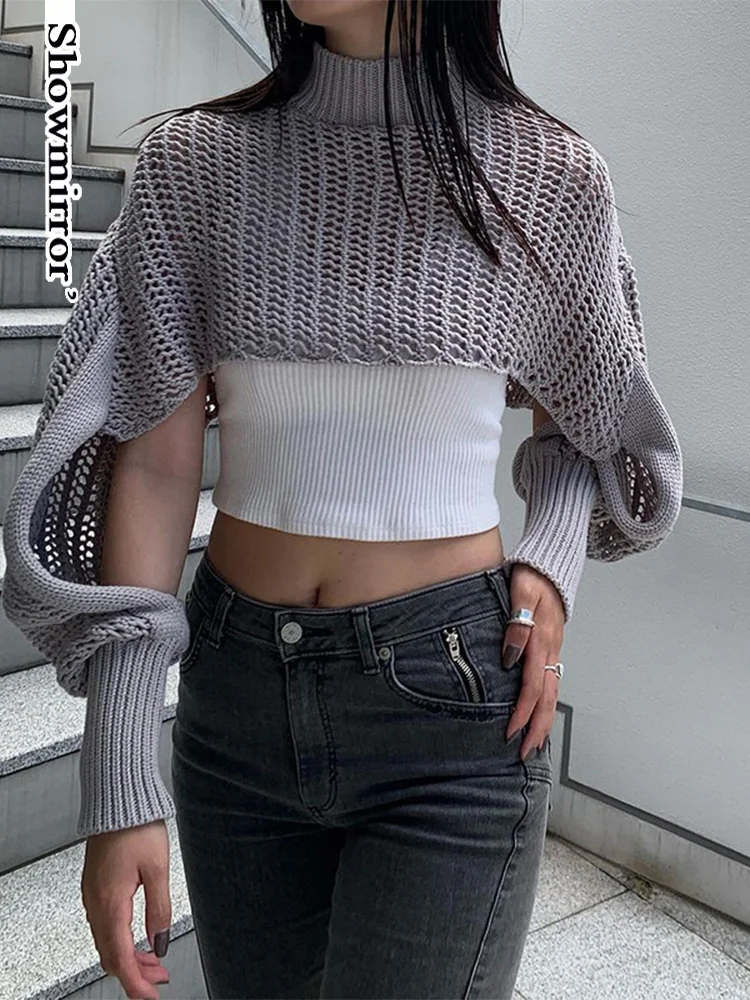 

Showmirror Autumn Street Female Turtleneck Smock Short Sweaters Casual Loose Solid Hollow Out Cropped Pullovers Sexy La