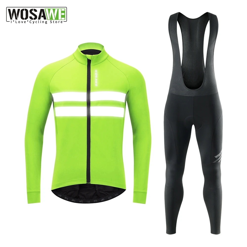 

WOSAWE Men Cycling Jacket Bib Pants Set Winter Warm Up Fleece MTB Bike Jersey Maillot Ropa Ciclismo Clothing Hombre Bicycle Wear