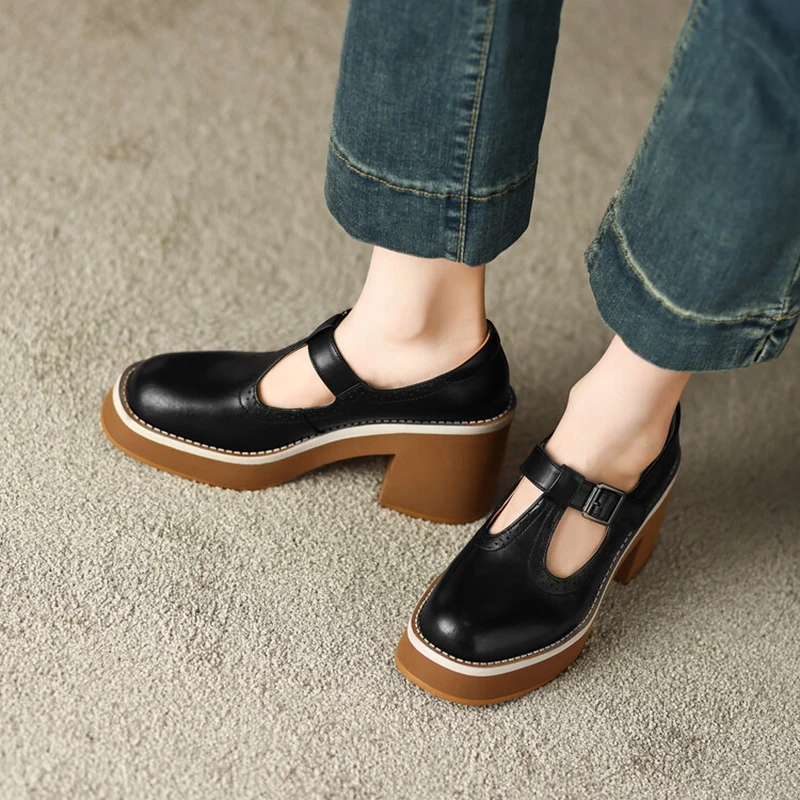 NEW Spring Women Shoes Round Toe Chunky Heel Mary Janes Split Leather Platform Shoes for Women Fashion Solid High Heels Women