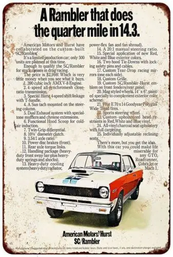 1p 1969 AMC Hurst SC/Rambler Vintage Look Репродукция металлических знаков
