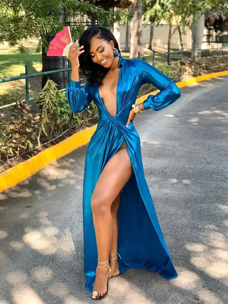 

2022 Blue Sexy Solid Deep V-neck Side Split Summer Maxi Dress Women Clothes Vintage Long Sleeve High Waist Evening Dresses A1230