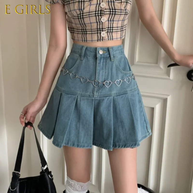 E GIRLS Casual Denim Mini Skirt Women Summer  High-Waiste Harajuku Y2k Pleated Skirt Blue Japanese Korean Style Fashion  New