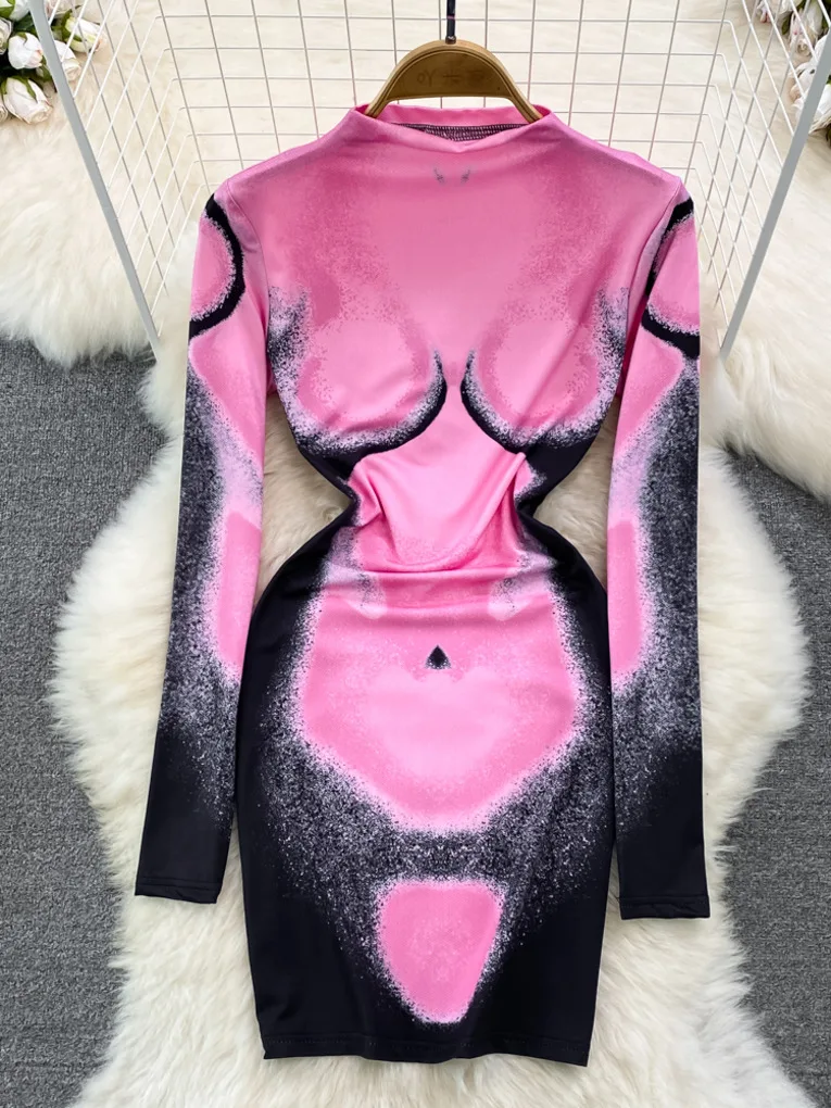 

Foamlina Women Fashion Long Sleeve Print Dress New Spring Autumn O-neck Skinny Fit High Elastic Bodycon Party Club Dress Outfits