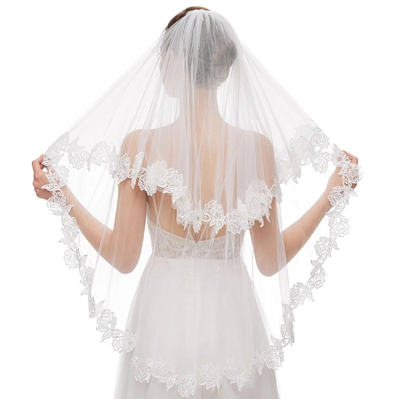 

Bridal Veil with Comb Two Layers Lace Appliques Trims Veils for Bride Bridesmaid