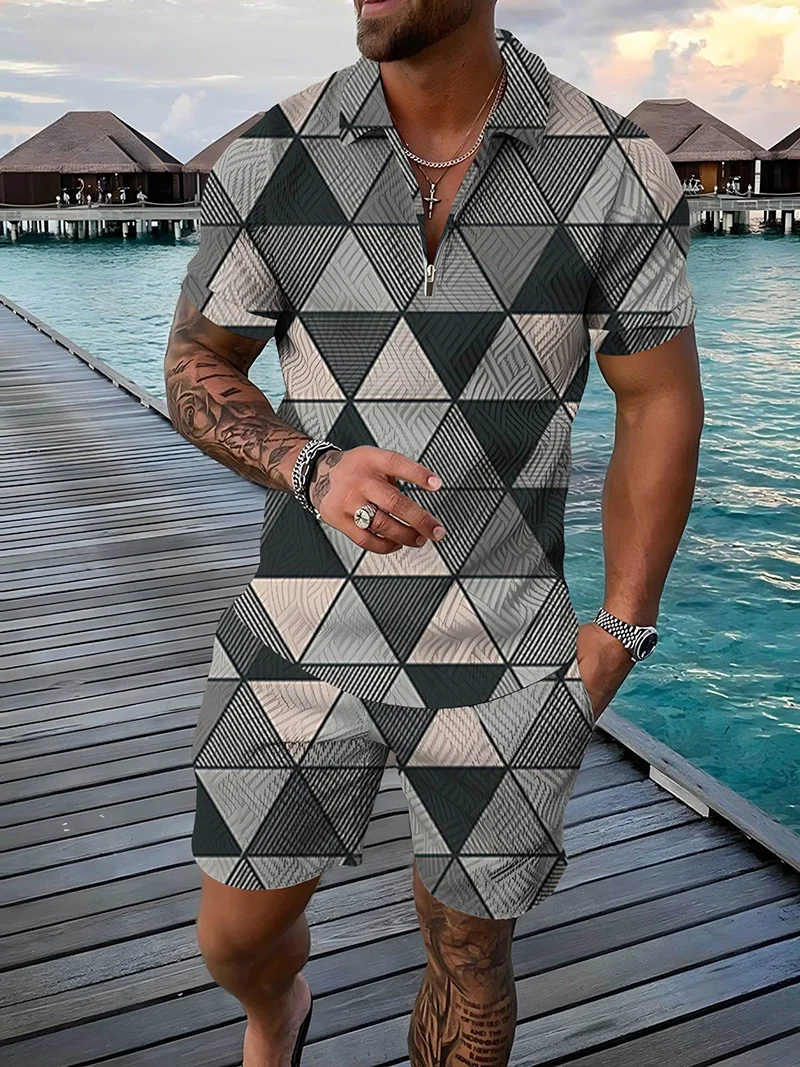 Summer Short sleeved Polo Shirt Beach Shorts 2 Piece Sets Tracksuit Men's Oversized 3D Printed Casual Sports Suit
