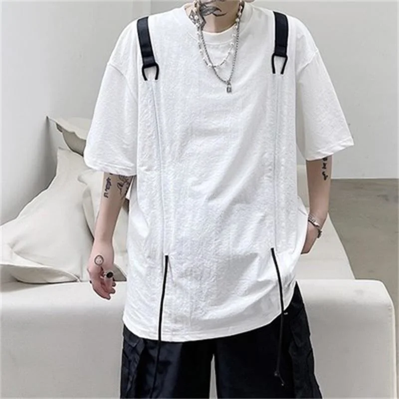 

2022 Summer Men's Round Neck Short Sleeve T-Shirt Japanese New Fashion Personalized Strap Splicing Large Popular Top