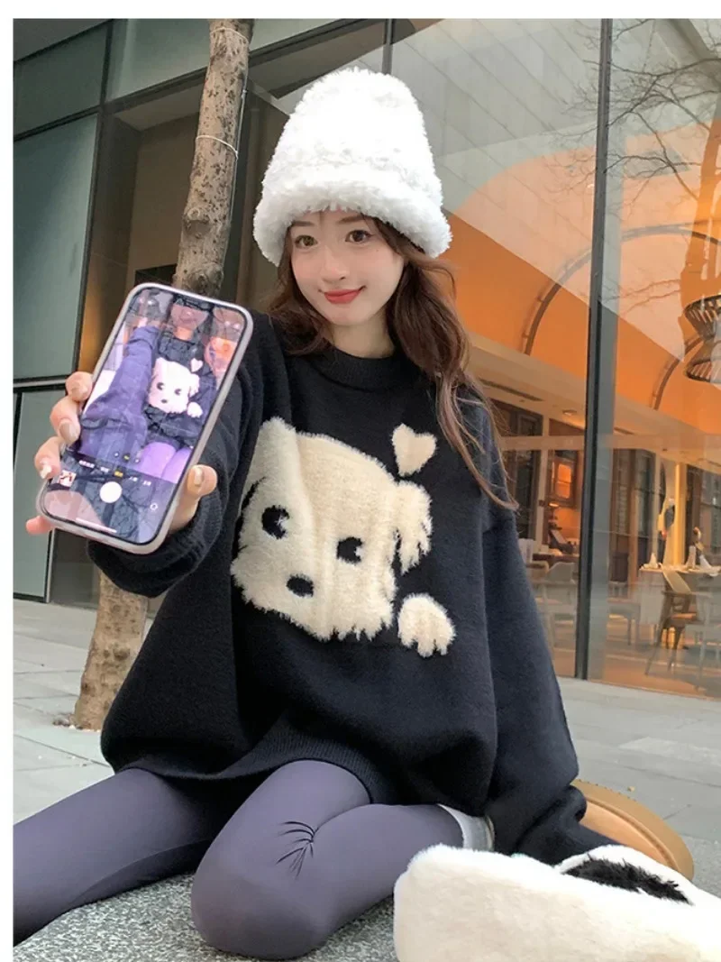 Y2K свитера с круглым вырезом черные пуловеры мультяшным принтом собаки вязаные в