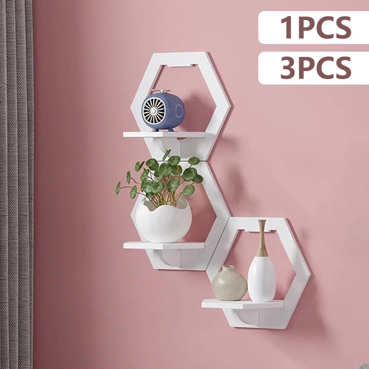 

1/3Pcs Hexagon Wall Shelf Punch Free Bedside Wall Display Stand Wall Mounted Flower Pot Holder Tv Background Hanging Organizer f