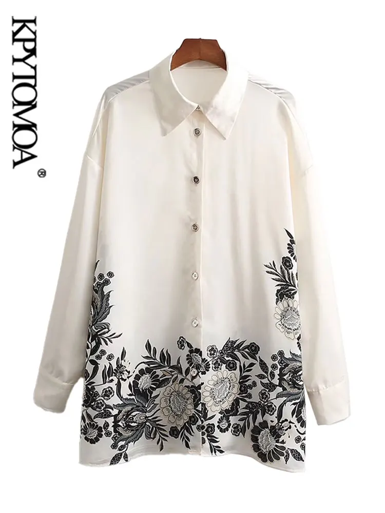 

KPYTOMOA Women Fashion Floral Print Soft Touch Oversized Shirts Vintage Long Sleeve Side Vents Female Blouses Blusas Chic Tops