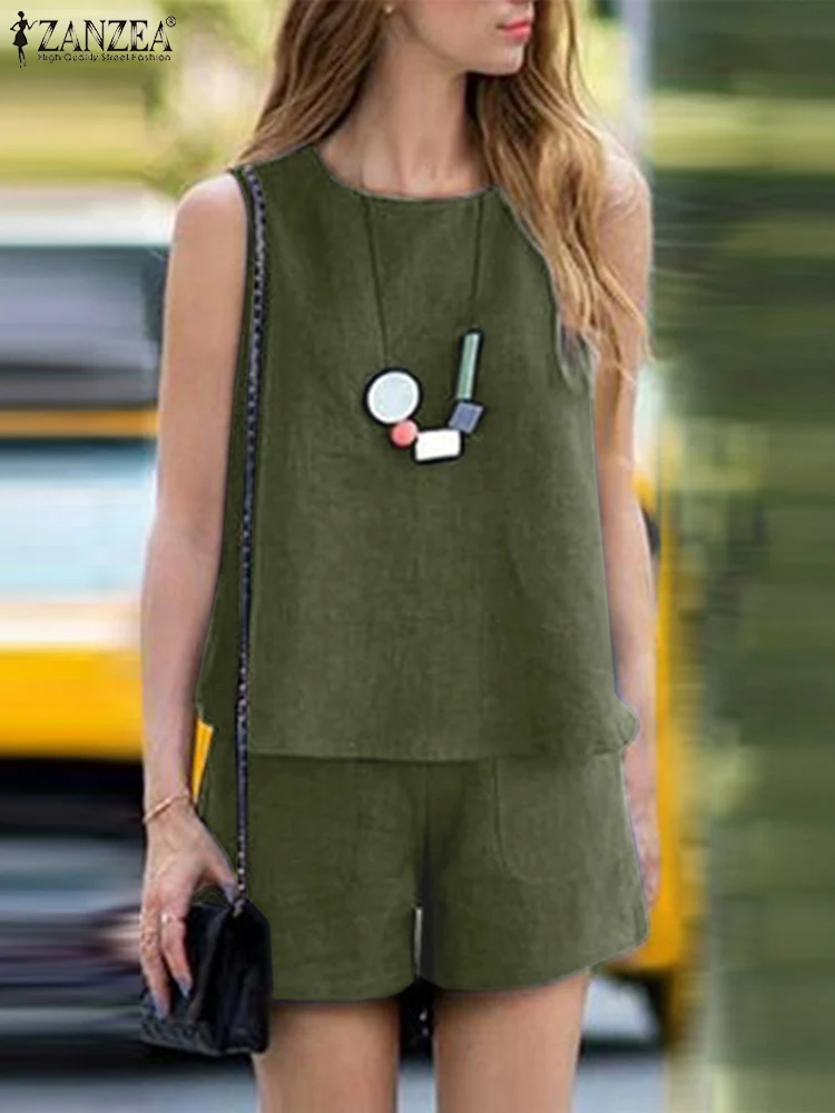 

Костюм ZANZEA женский из 2 предметов, винтажная блузка без рукавов, Короткий Повседневный однотонный комплект, хлопковый спортивный костюм в с...