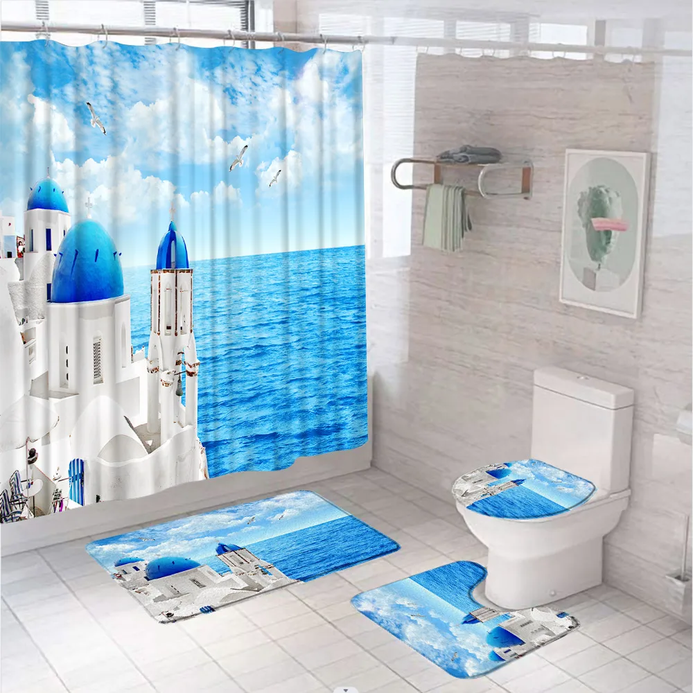 

Mediterranean Sea Shower Curtain Sets Blue Ocean Santorini Greece Scenery Bathroom Curtains Non-Slip Bath Mats Rug Toilet Cover