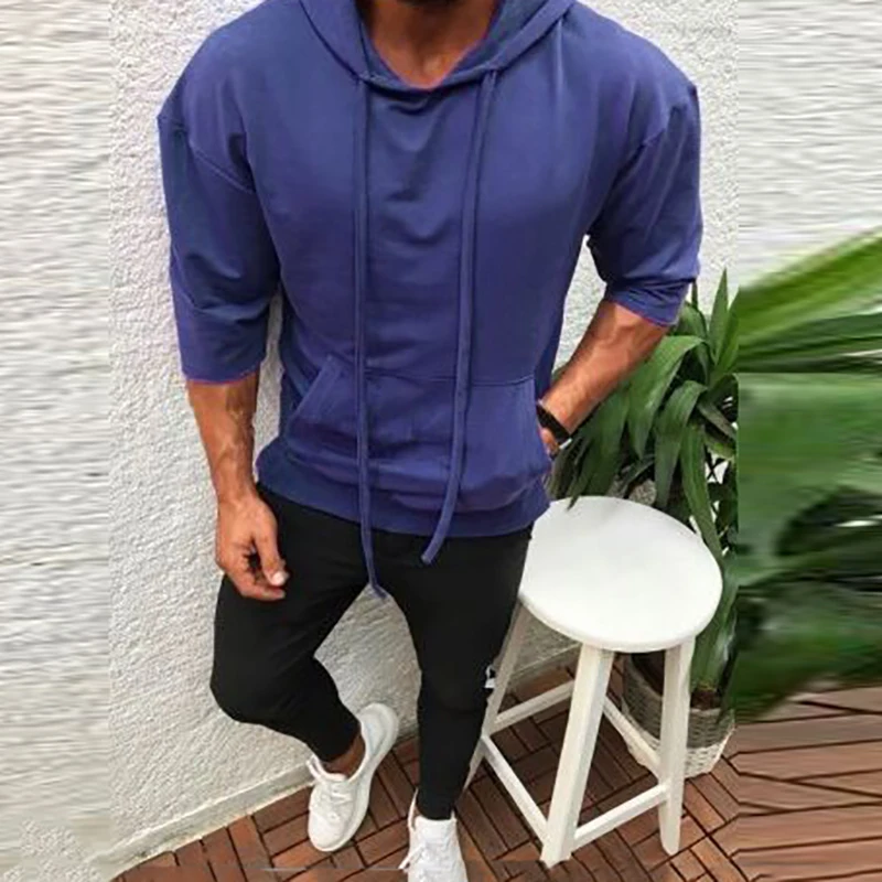 

Fashion Drawstring Hooded Sweatshirt Men Autumn Solid 3/4 Sleeve Pullover Tops Casual Winter Loose Big Pockets Hoodie Streetwear