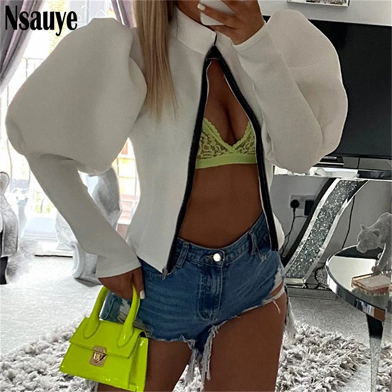 

Nsauye New Fashion Female Autumn Winter Coat Vintage Harajuku Long Puff Sleeve Zipper Skinny Jackets Women Outwear Tops 2021