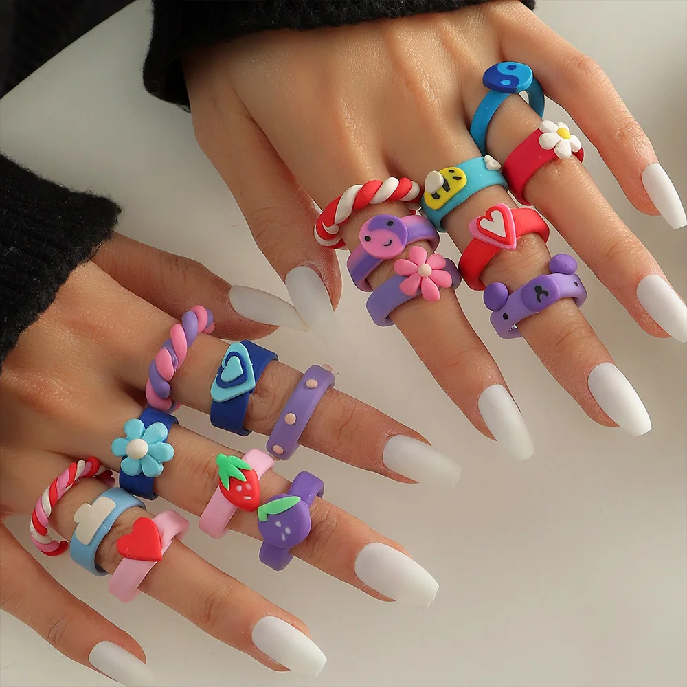 

Fashion Funny Colorful Clay Twisted Stripe Flower Gossip Ring Cute Heart Yin Yang Strawberry Finger Rings For Women Girl Jewelry