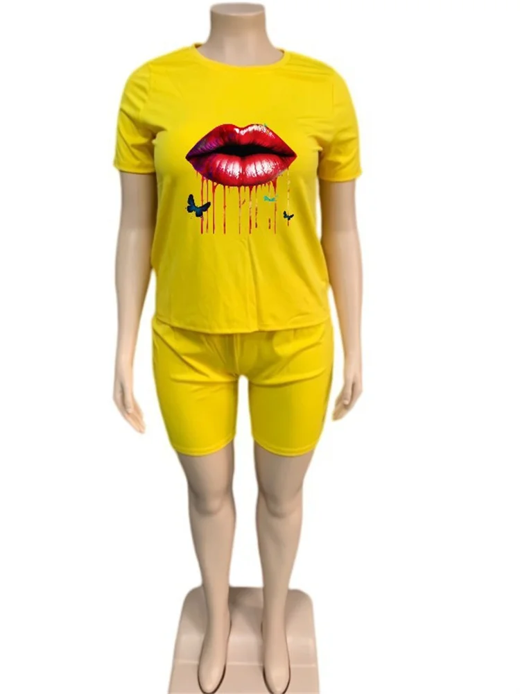 Plus Size Two Piece Sets Women New in Matching Sets Lip Print Top Shorts Tracksuit Casual Summer Whole 3xl 4xl 5xl 6xl