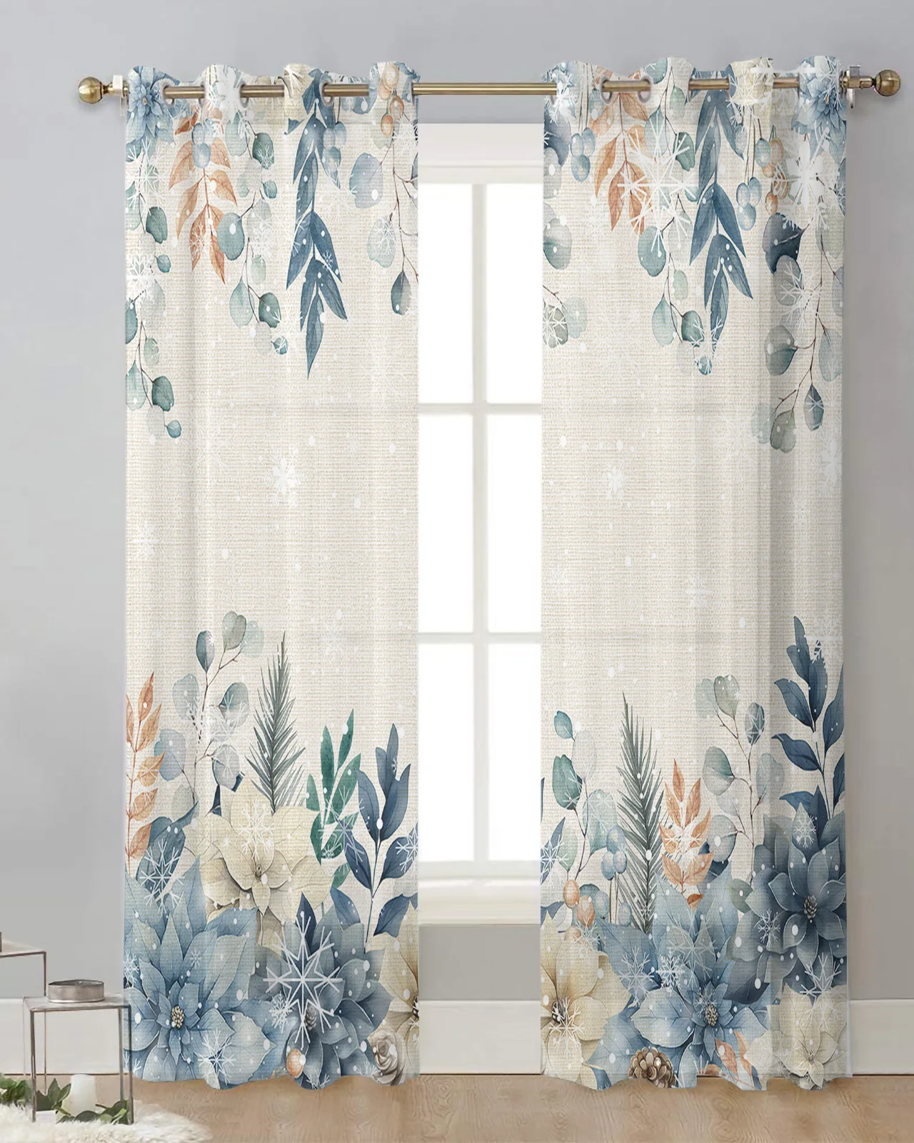 

Рождественские шторы из эвкалипта, Листьев, ягод, сосны, шторы из тюля для гостиной, кухни, оконные шторы из вуали