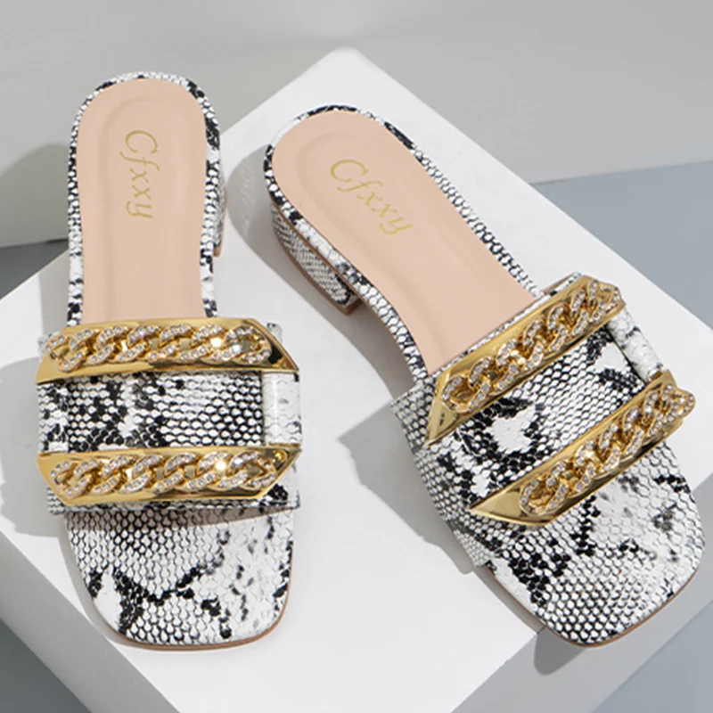 

High Quality Chain Rhinestones Design Women Pumps Shoes Square Head Snake Pattern Heels 2022 Summer New Ladies Women Shoes