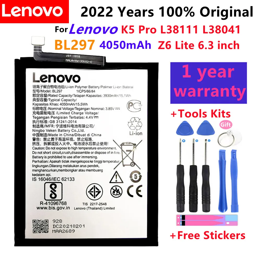 100% Original High Quality 4050mAh BL297 For Lenovo K5 Pro L38111 L38041 Z6 Lite 6.3 inch Cell Phone Batteries +Tools