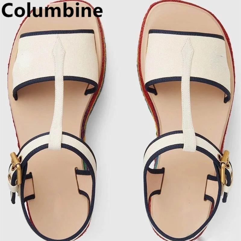 Women Rainbow Boost Platform Espadarille Sandals Open Buckle Nylon Strap Flats Casual Mixed Colors Graffiti Fashion Sewing Shoes