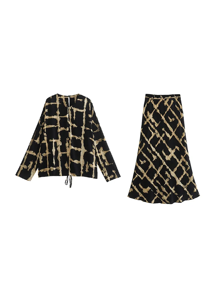 

Модный комплект юбок из двух частей с винтажным принтом для женщин, топ с галстуком-бабочкой и эластичные миди-юбки с высокой талией, компле...