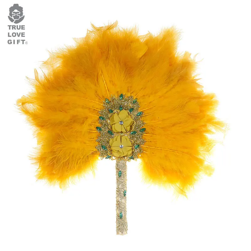 

Bride Custom Wedding Feather Hand Holding Rhinestone Feather Fan Wedding Performance Props Ostrich Hair Big Round Wedding Fan