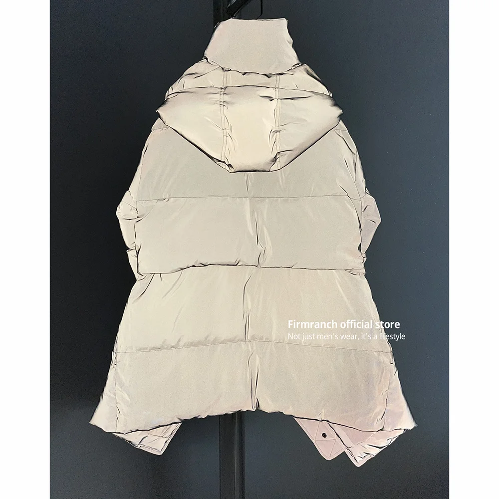 

Silver Winter Tech Wear Reflective Puffer Jackets For Men Women Futuristic Down Coat Detachable Zip With Scarf Collar
