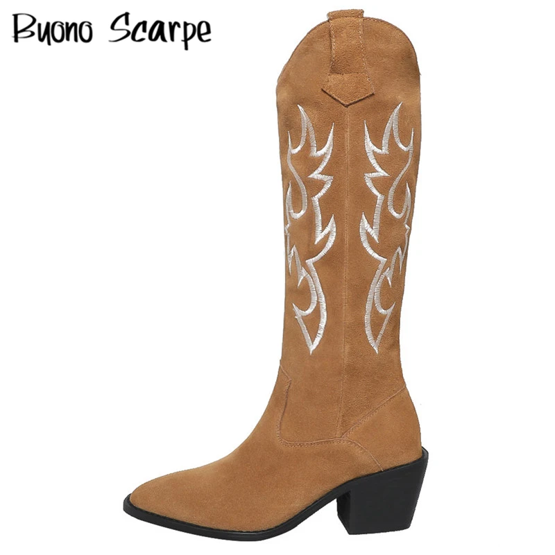 

Embroidery Nature Suede Western Cowboy Boots Women Chunky High Heel Knee Hihg Boots Lady Fashion Trend Retro Shoes Mujer Botas
