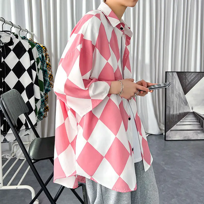 Рубашка мужская в клетку повседневная с заостренным воротником и бриллиантами