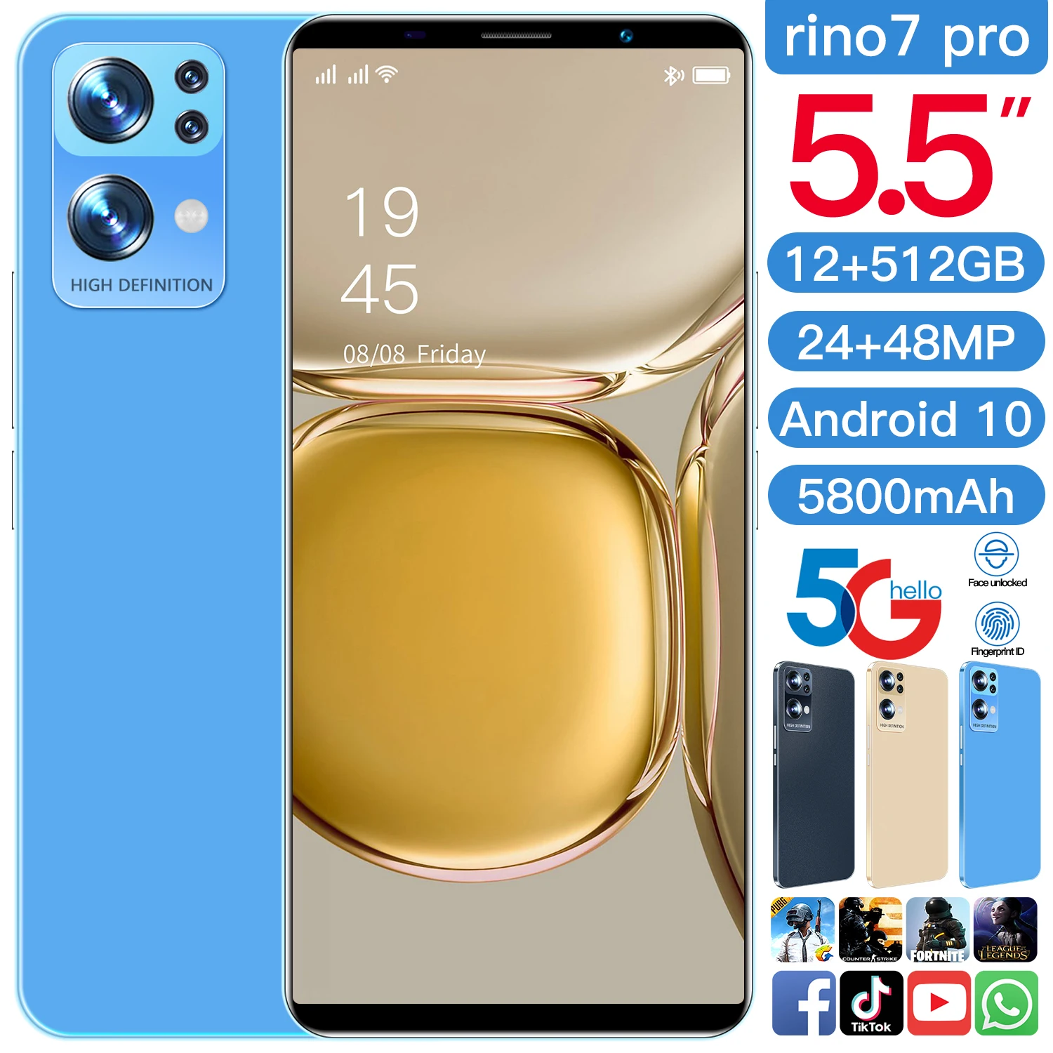 

[World Premiere] rino 7 pro 5.5" HD+ Display Telephone 512G 12G 10core 5G LTE 48MP Unlock Android 10 Cellphones 5800mAh Battery