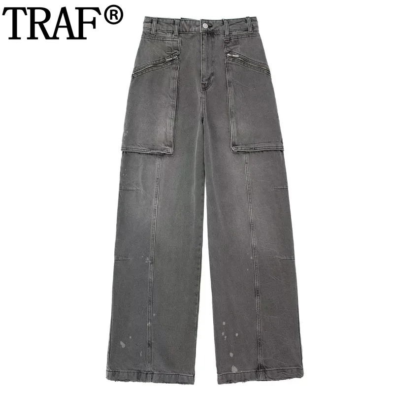 

TRAF 2024 Grey Jeans For Women Mid Rise Cargo Pants Woman Fashion Autumn Denim Trousers Women Faded Casual Baggy Jean Pants