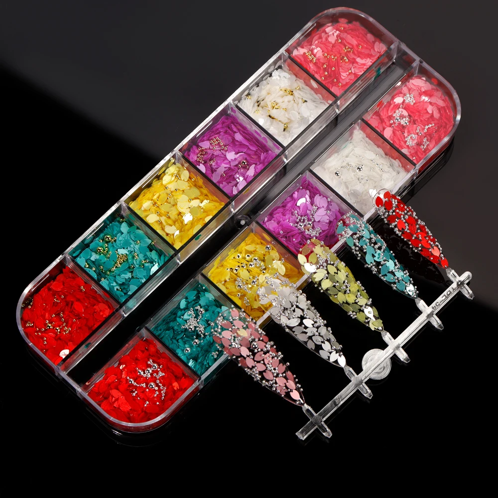 

12-Grid Sakura Nail Sequins Cherry Blossoms Slices Gold/Silver Beads Five-Petal Flower Rhinestones For DIY Manicure Flakes