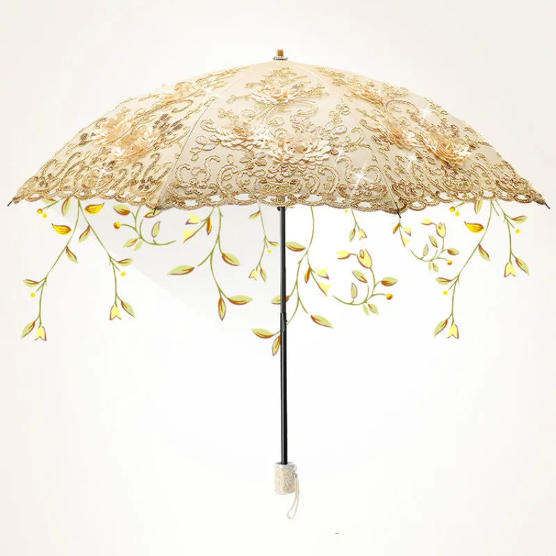 Ladies Sun Umbrella Rain Woman Lace Clear Folding Umbrella Windproof Embroidery Cloth Parasol Black Coating Parapluie Gift SY405