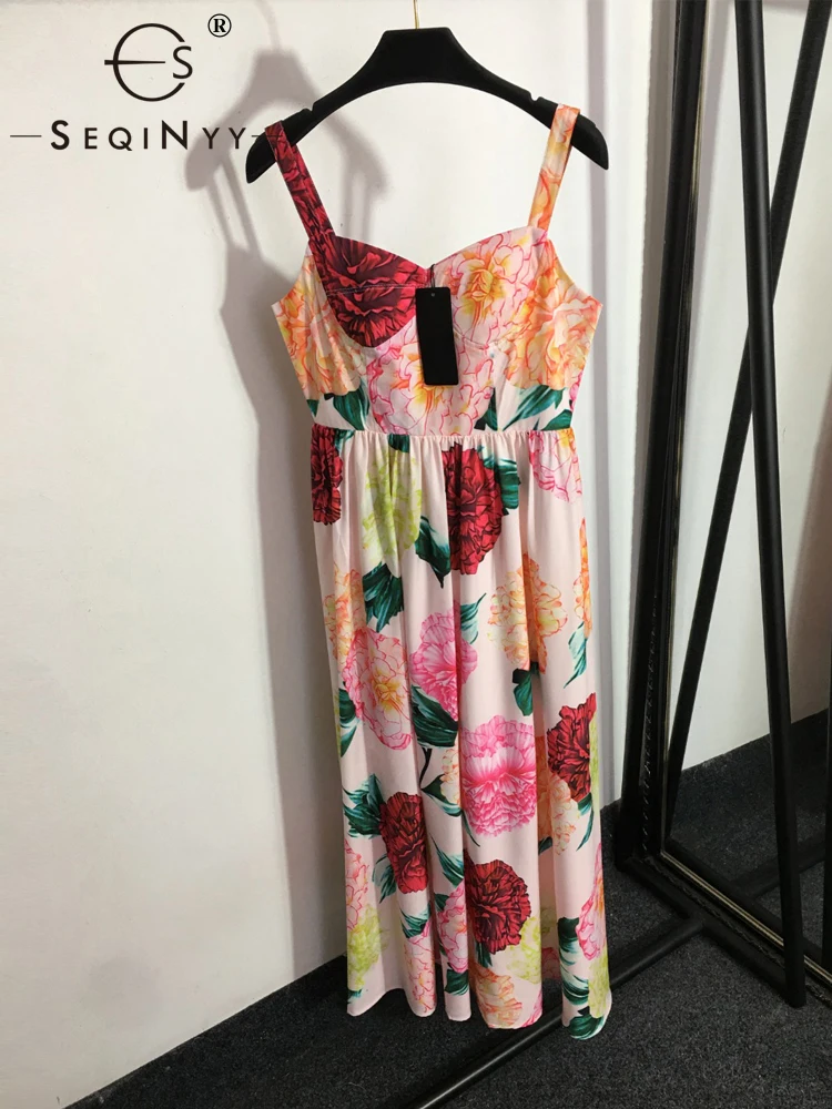 

Женское платье средней длины SEQINYY, элегантное модельное платье с винтажным цветочным принтом без бретелек, новая модель на лето и весну