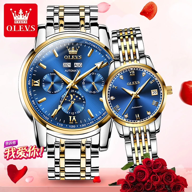 OLEVS 2022  Automatic Mechanical Luxury Couple Watch Fashion Blue Dial Luminous Weekly Calendar Display Couple Watch Waterproof