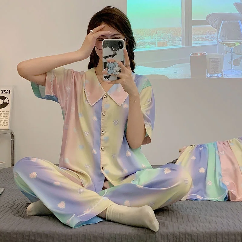 QWEEK Three Pieces Women's Satin Pajamas Summer Sleepwear Japanese Sweets Trouser Suits Print Suits with Shorts Home Wear