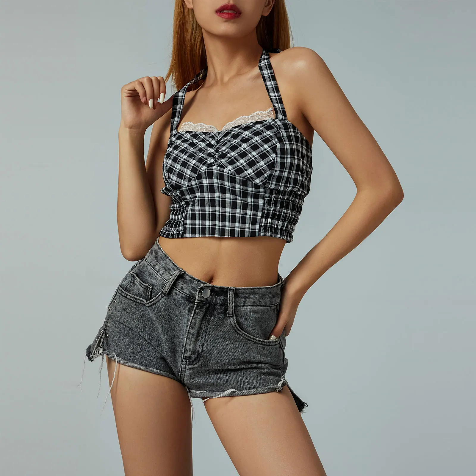 

Клетчатая майка с лямкой на шее, на шнуровке, женские летние сексуальные майки на бретельках, кружевная отделка, Искусственные женские топы ...