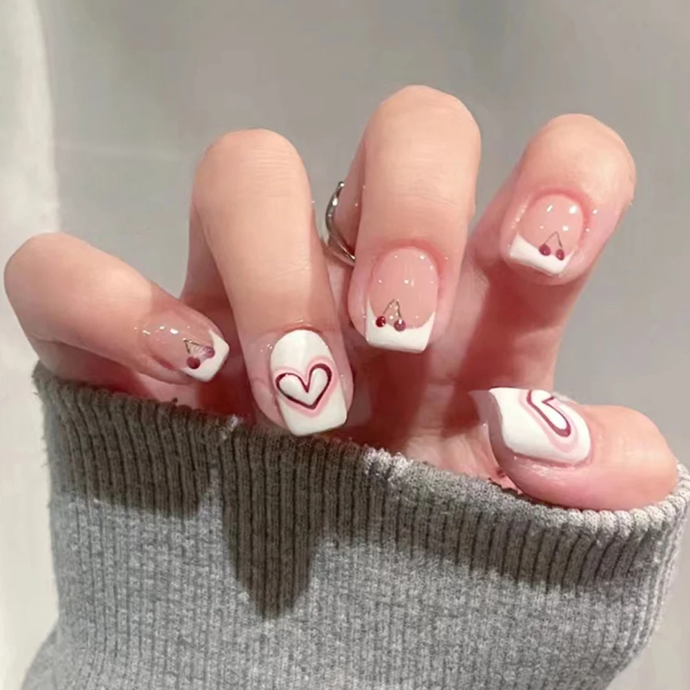

24 шт. Короткое нажатие на ногти сердце Unhas Decoradas Вишневый узор полное покрытие Искусственный сладкий стиль поддельные ногти маникюрный сало...