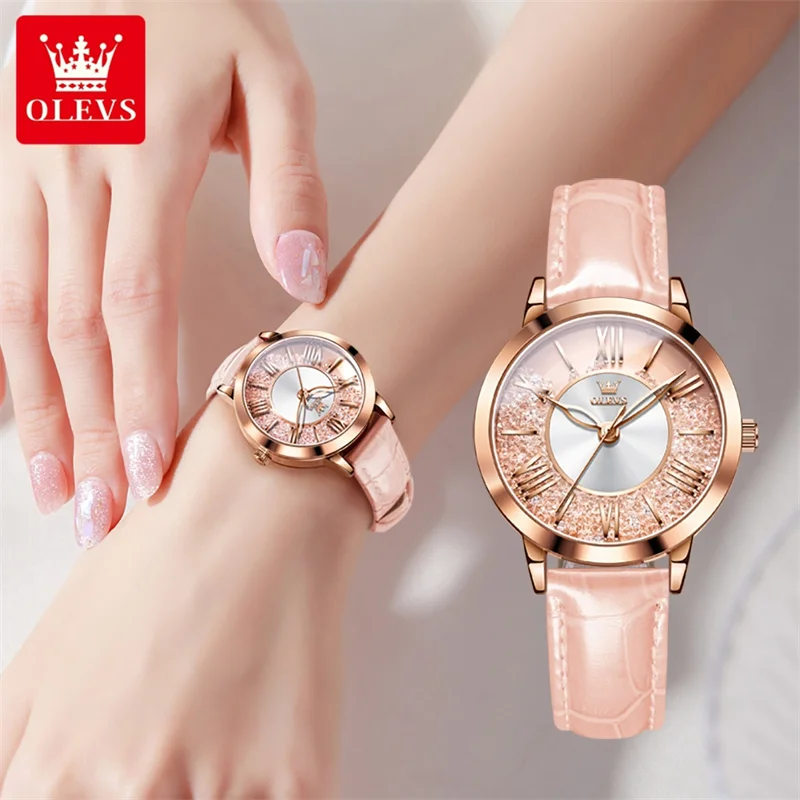 OLEVS New Luxury Fashion Women Flowing Diamond Dial Quartz Watch Simple Pink Leather Ladies Watch Girls Relogio Feminino enlarge