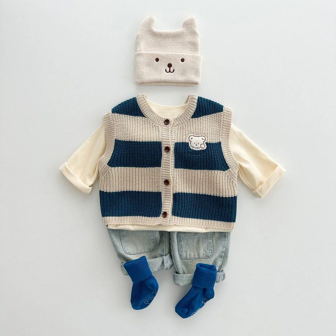 

New Autumn Winter Fashion Infant Bear Patch Knit Sweater Vest Boy Kid Cotton Cartoon Sleeveless Tops Girl Baby Knitted Waistcoat