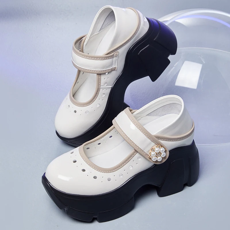 8.5cm Chunky Sneakers Genuine Leather Slides Summer Ankle Loafers Hollow Women Platform Sandals Wedge Breathable Female Shoes