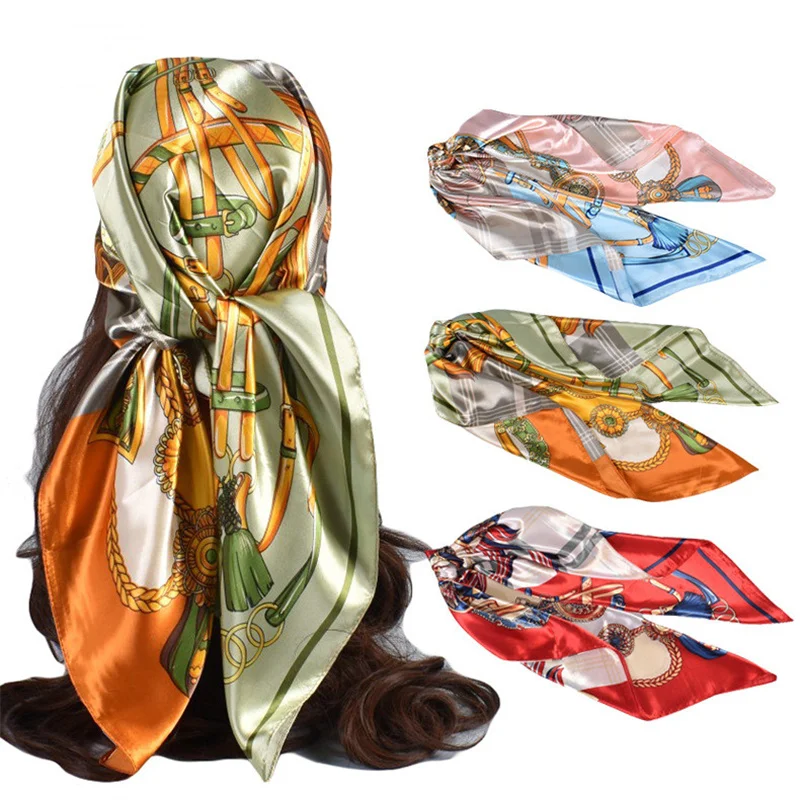 

90CM Square Chains Print Silk Satin Scarves Fashion Women Kerchief Neck Scarf Shawl Wrap Muffler Pareo Bandanna Hair Accessories