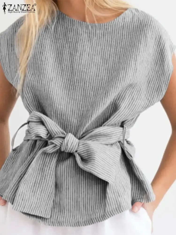

ZANZEA Women Summer Striped Print Blouse Cap Short Sleeve O-Neck Buttons Tunic Tops Bohemian Casual Loose Holiday Elegant Shirt