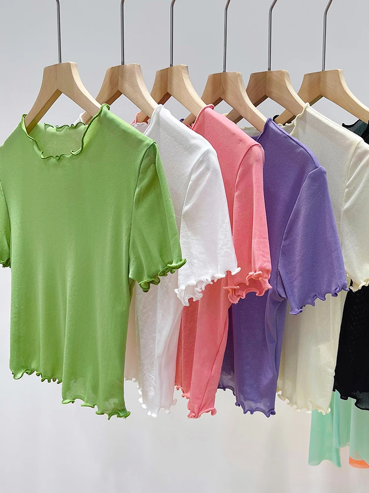 

OUMEA Women Lettuce Edge Tshirt Candy Color Sheer Gauze Mesh Crop Tees Summer Slim Fit Casual Short sleeve Crop Tops