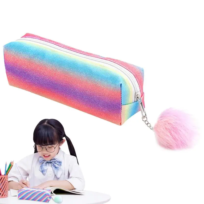 Case Rainbow Pen Bag With Cute Fuzzy Ball Office Supplies Pencil Pouch For Colleges Universities Schools