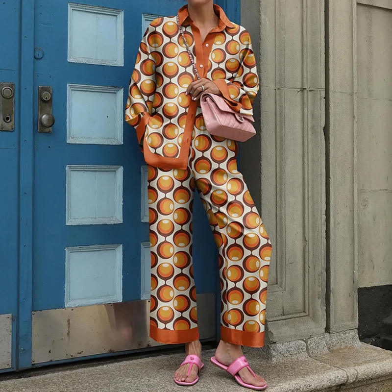 

Office Elegant Casual Loose Ladies Suits Autumn Women Suits Fashion Printed Shirts Blouses Long Pants Wide Leg Pants Two Pieces